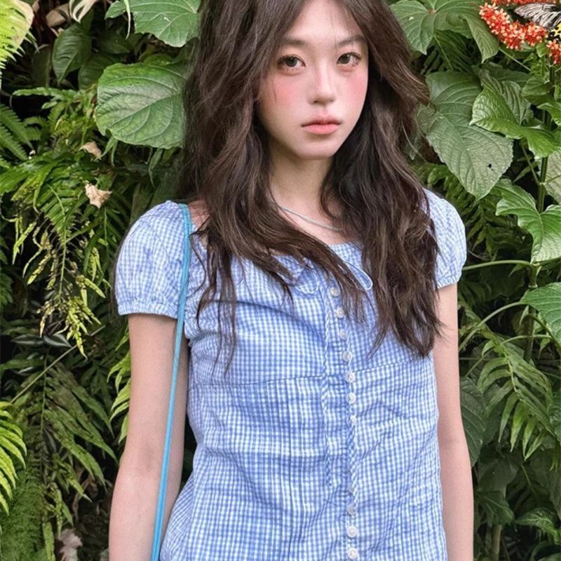 法式方领系带格纹衬衫