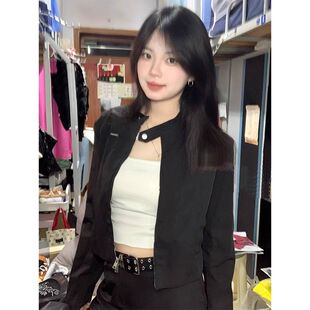 欢简韵美式辣妹黑色短款外套女2025春秋新款百搭修身立领夹克上衣