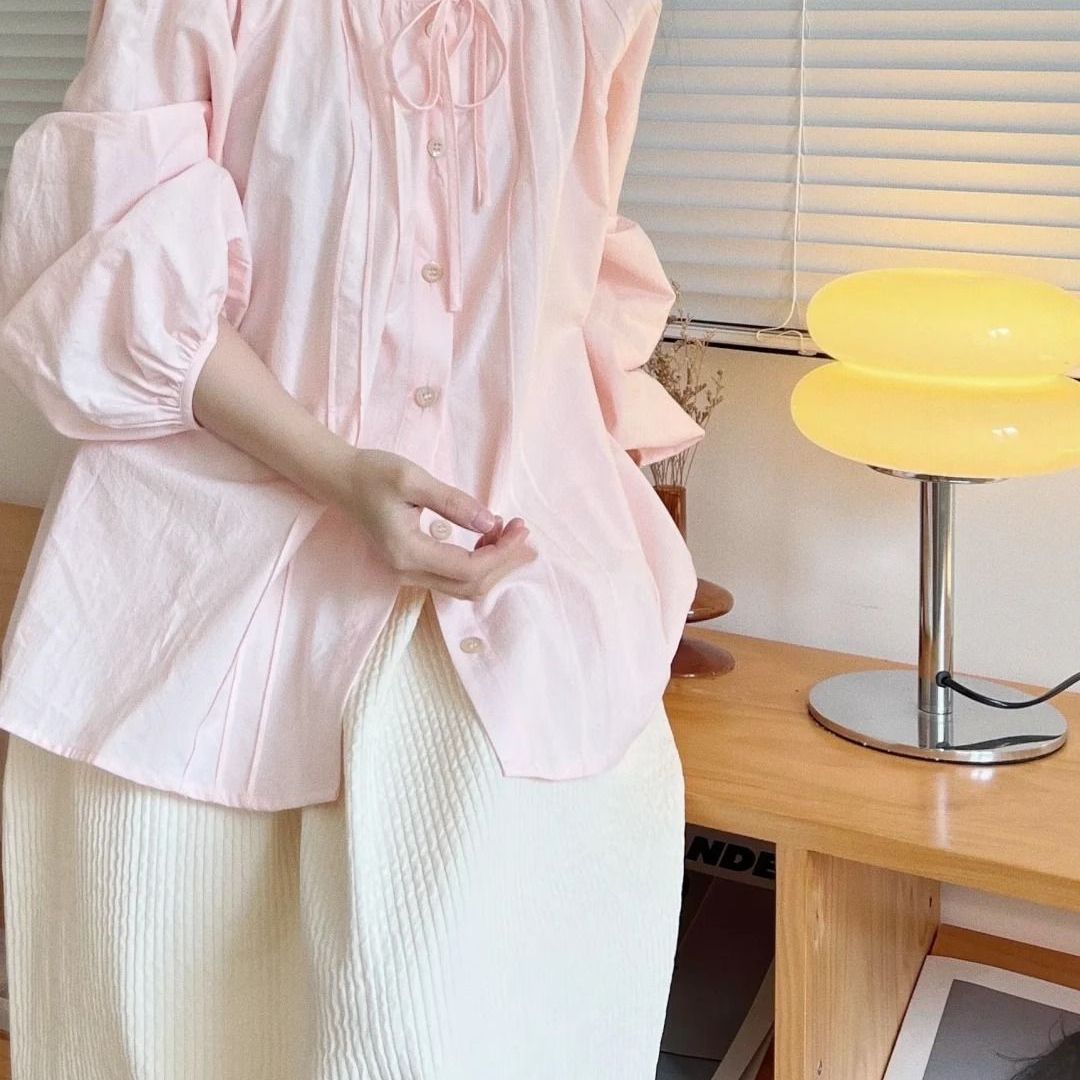 法式夏季系带粉色灯笼袖衬衣