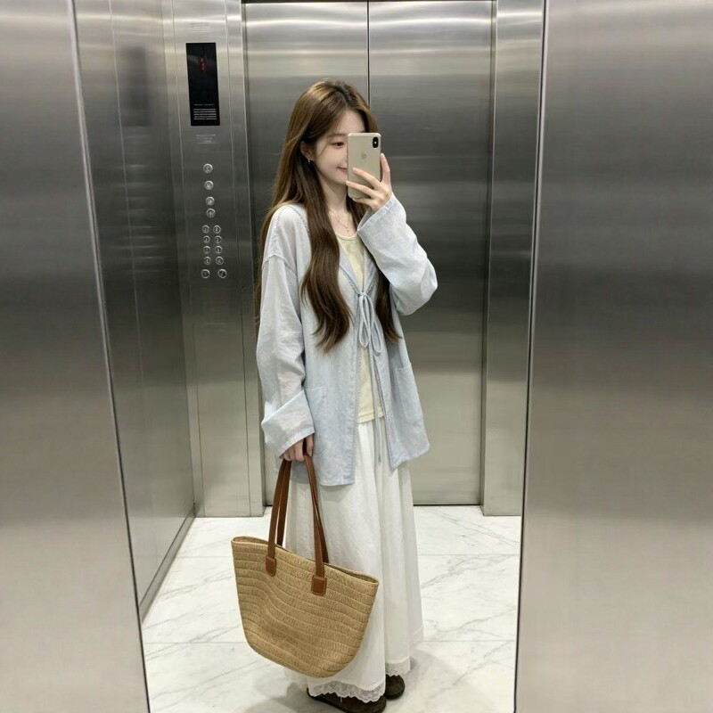 欢简韵休闲套装海军领衬衫绑带外套蕾丝薄款显白背心女装初秋新款