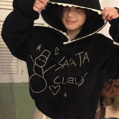 软妹雪人可爱蕾丝花边连帽卫衣