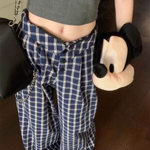 美式复古洋气格纹高腰阔腿裤