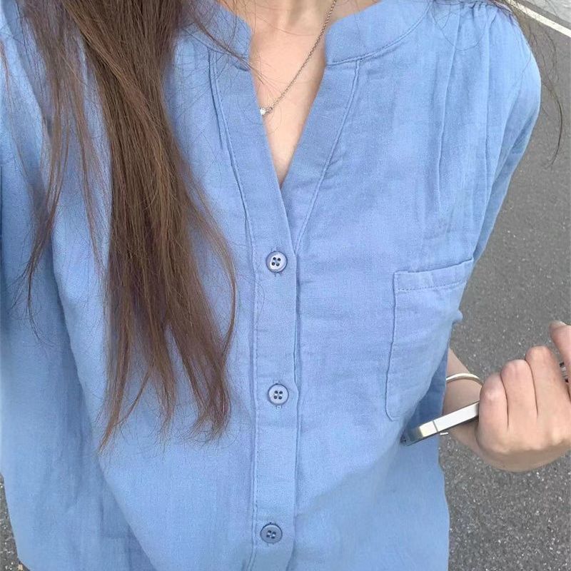 高级感法式v领蓝色衬衫