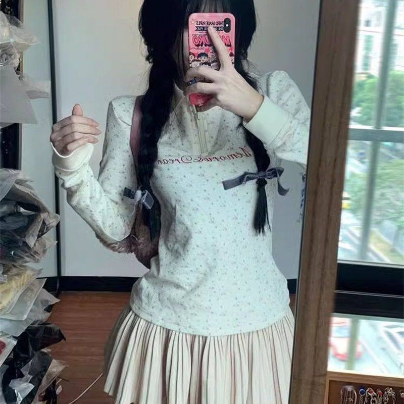 欢简韵华夫格设计感小众杏色半拉链翻领长袖T恤女百搭polo衫上衣