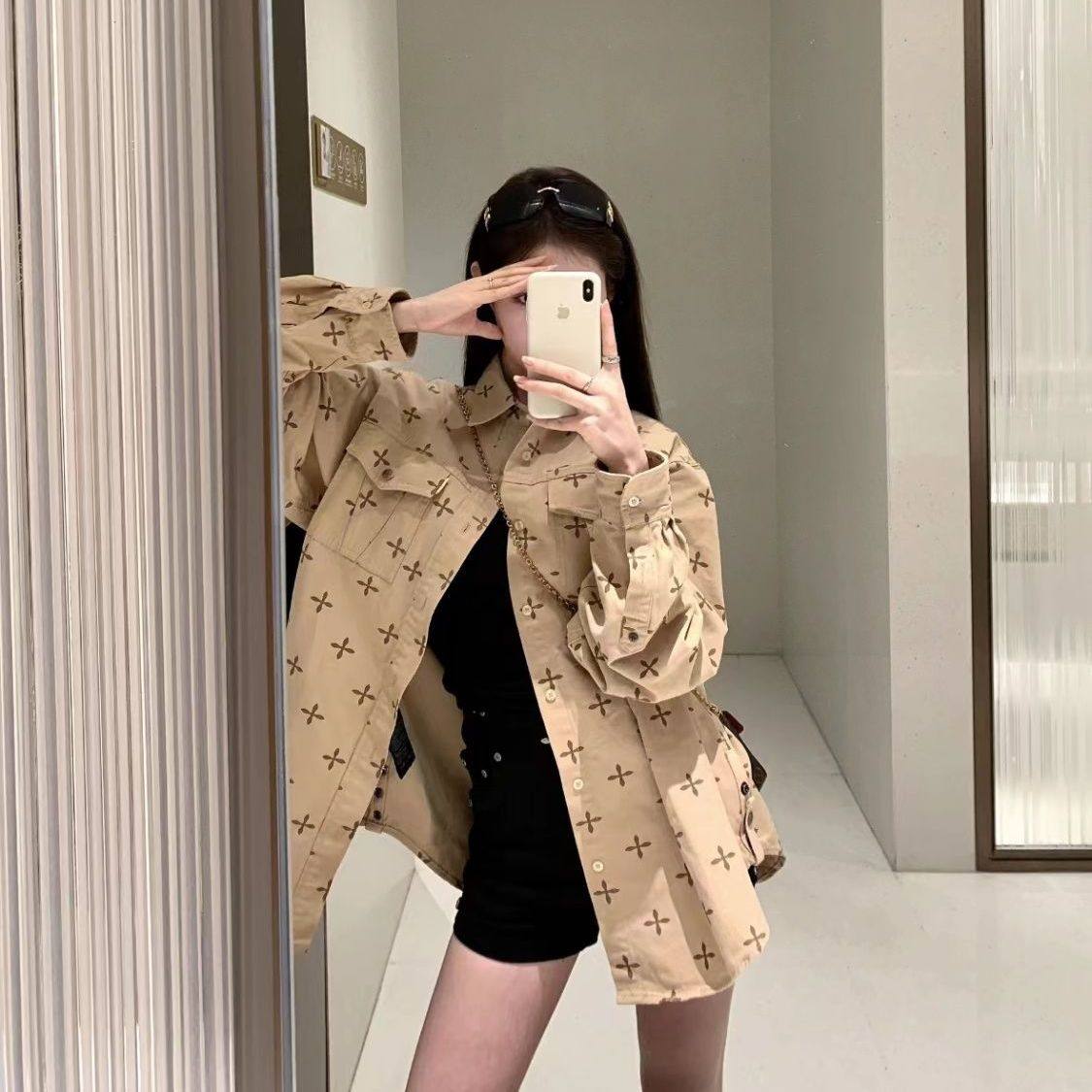 工装宽松十字印花纯棉衬衣