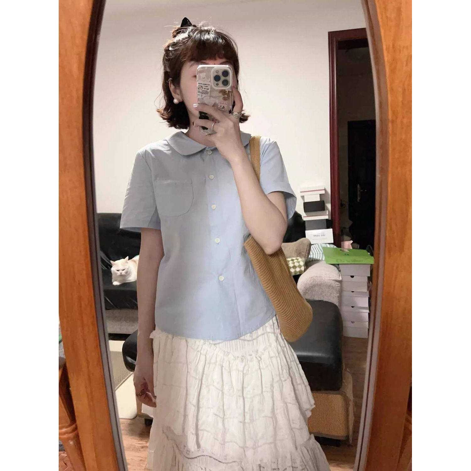 欢简韵韩版学院风娃娃领蓝色短袖衬衫女夏正肩衬衣显瘦外穿上衣潮