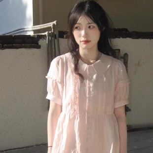 欢简韵韩系纯棉娃娃领衬衫外套女夏季新款防晒高级感短袖衬衣上衣