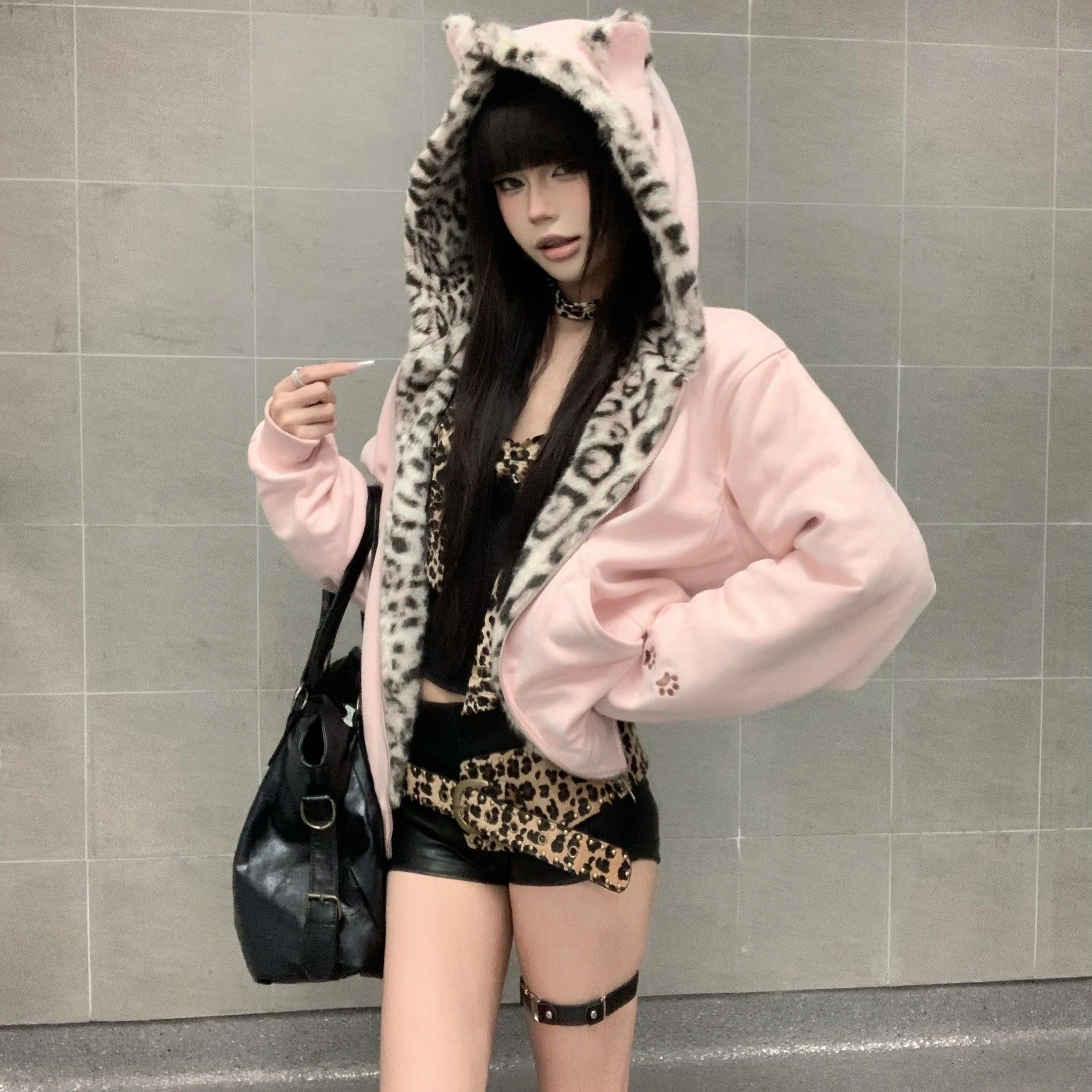 欢简韵可爱耳朵保暖百搭上衣女2025新款豹纹拼接拉链连帽加绒外套,女装/女士精品,短外套,淘宝优惠券,粉丝福利购,淘宝优惠卷