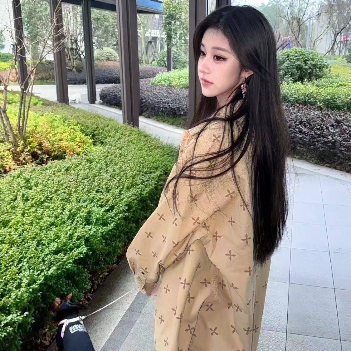 宽松十字印花长袖衬衣女
