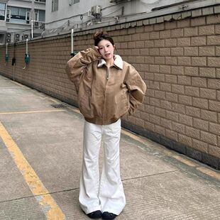 欢简韵纯棉慵懒风羊羔毛拼接外套女2025秋冬新款宽松加厚棉衣棉服
