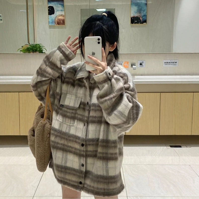 秋冬新款美拉德复古毛呢格纹外套