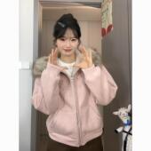 小众上衣 百搭开衫 欢简韵美式 钉珠毛领连帽加绒外套女秋冬2026新款