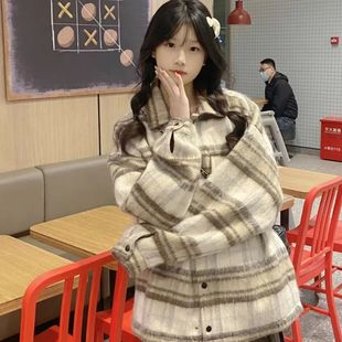 欢简韵毛呢格子外套女秋冬新款美拉德polo领慵懒风厚实夹克开衫潮