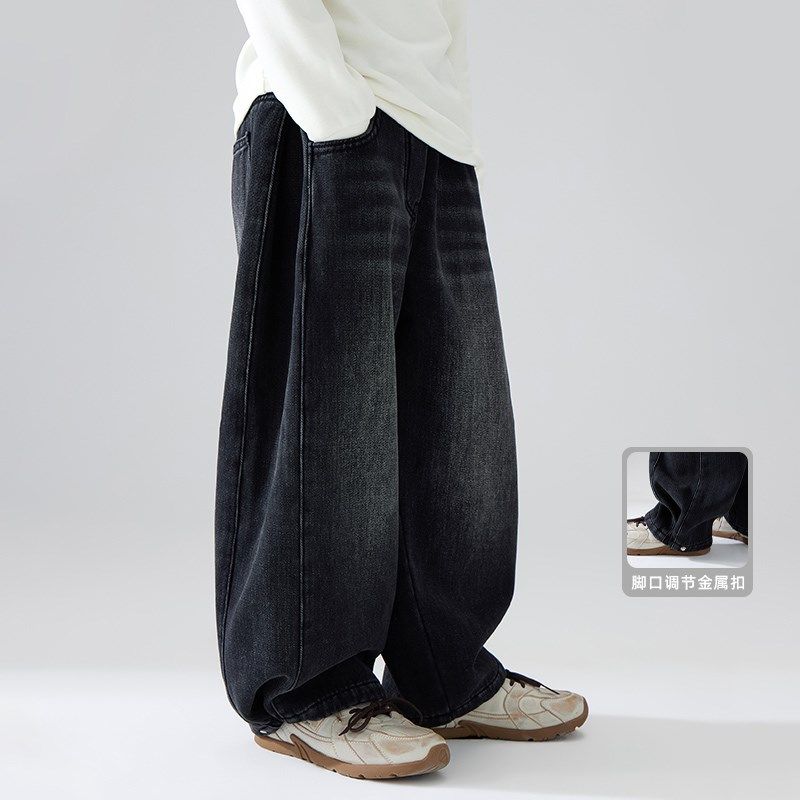 儿童冬季加绒牛仔裤女童男童裤子一体绒加厚保暖直筒裤休闲裤宽松