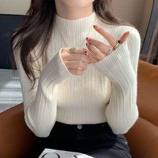 蓝色半高领坑条针织衫女内搭2024秋冬新款高级感毛衣长袖打底上衣