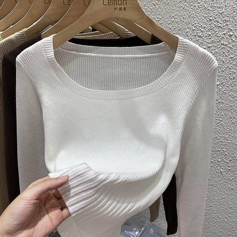 秋冬新款针织衫女白色短款修身方领内搭打底毛衣2021黑色长袖上衣