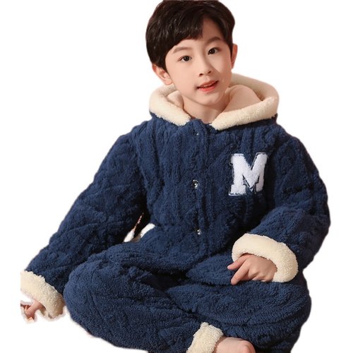 冬季小孩男孩宝宝儿童睡衣夹棉三层男童女童中大童加厚法兰绒套装