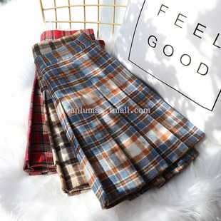棕色格子百褶裙女秋冬高腰防走光毛呢加厚半身裙子显瘦a字短裙裤