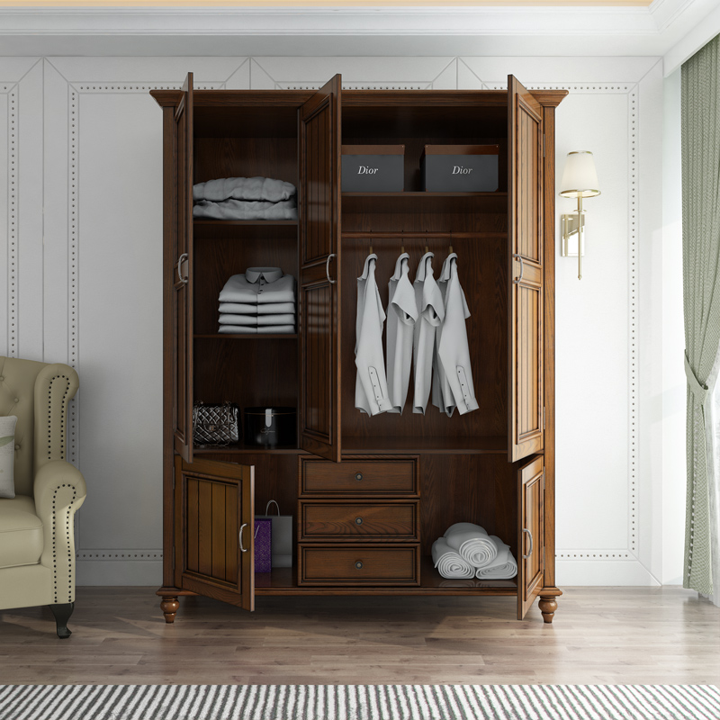实木美式乡村衣柜3门4门欧式大衣柜复古卧室家用定制衣顶柜对开门