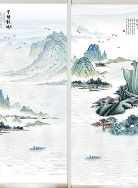 中式山水风景装饰玻璃贴纸透光不透明卧室客厅门窗户磨砂静电贴膜