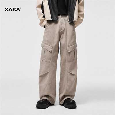 XAKA美式做旧水洗直筒牛仔裤男款复古褶皱设计廓形宽松阔腿工装裤