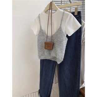 蓝色小吊带女夏季夏针织背心叠穿马甲两件套小众上衣2024新款外穿