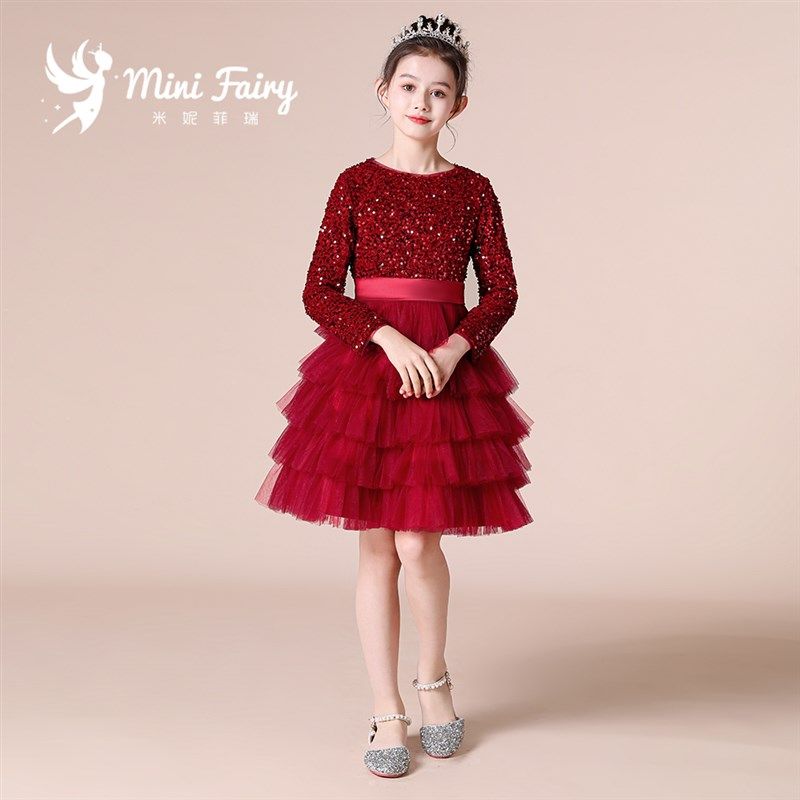 儿童生日礼服女童长袖公主裙蓬蓬纱裙女孩主持人比赛红色礼服冬款