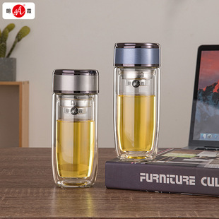明霞双层玻璃杯可携式透明商务水杯男士办公茶杯鹅蛋杯车载过滤杯