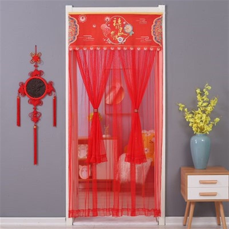 防蚊纱帘大红门帘婚庆用品婚房蕾丝隔断帘结婚喜庆夏季家用免打孔