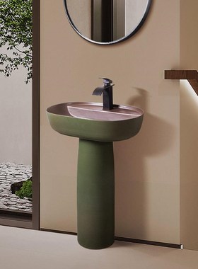 绿色轻奢艺术造型洗手台盆立w柱盆洗手池阳台庭W院户外小户型复古