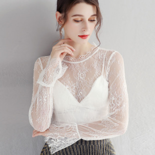 透明睫毛立领蕾丝打底衫女喇叭长袖黑色毛衣内搭纱衣内衬网纱上