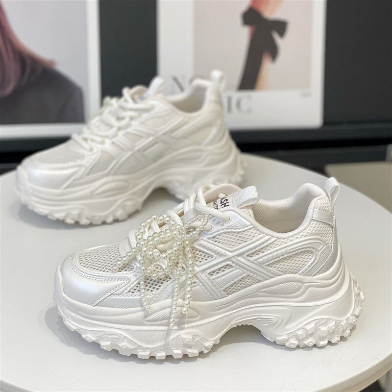 小众镂空单网真皮老爹鞋女20205夏季新款小个子厚底增高6cm运动鞋