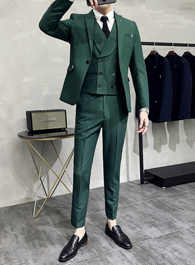 墨绿色西服男套装高档主持人礼服双排扣马甲修身西装三件套