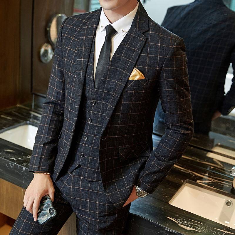 西服套装男士三件套新郎伴郎团结婚礼服韩版修身格子商务休闲正装