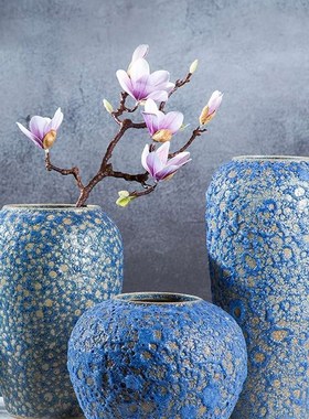 复古新中式蓝色泡泡釉粗陶插花器陶瓷干花瓶高颜值客厅装饰品摆件