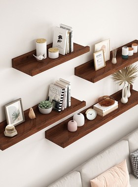 墙上置物架实木一字隔板黑色墙壁书架电视墙装饰架墙板木板可定制