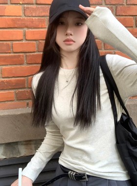 正肩t恤女长袖20n24秋冬季内搭打底衫修身显瘦上衣小圆领白色体恤