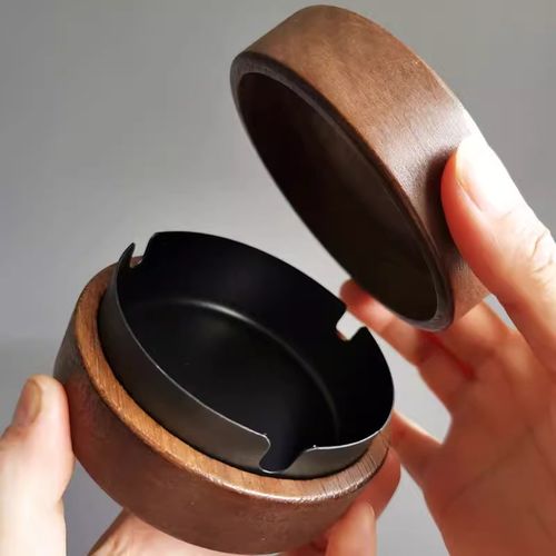 实木带盖烟灰缸防飞灰不锈钢家用仿古客厅卧室茶几北欧复古灰缸