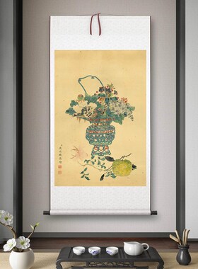 清 沈振麟《清供花篮》客厅书房茶室装饰画挂画玄关水墨高清卷轴