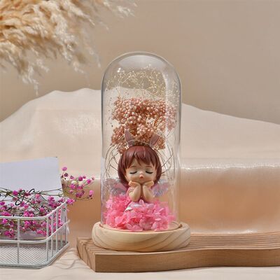 创意可爱公仔玻璃罩情人节礼物 新款微景观J松木底座led灯珠小夜