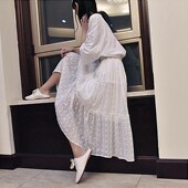 2020春夏季 中长款 蕾丝高腰白色休闲格子显瘦网纱百褶a字半身裙女