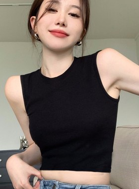 黑色无袖吊带小背心女夏季甜辣妹纯欲紧身运动打底V衫内搭上衣外