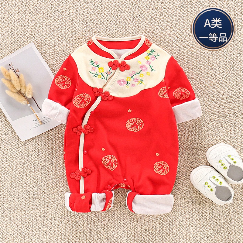 婴儿唐装女连体衣中国风春秋装女宝宝公主百天抓周岁礼服女满月服