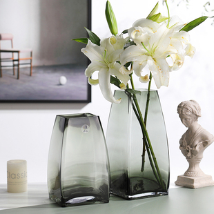 轻奢方口玻璃花瓶干花客厅花器摆件装饰创意简约北欧水养插花花瓶