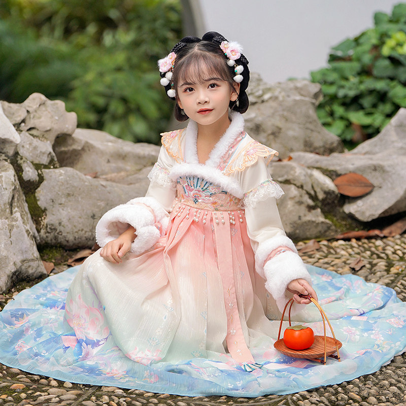 女童汉服冬装加绒中国风古风超仙小女孩唐装裙2023新款儿童洋装