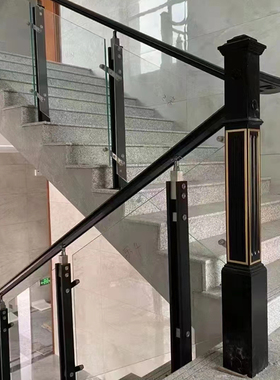 黑色不锈钢工程挂玻璃立柱实木阁楼楼梯扶手护栏栏杆围栏起步大柱