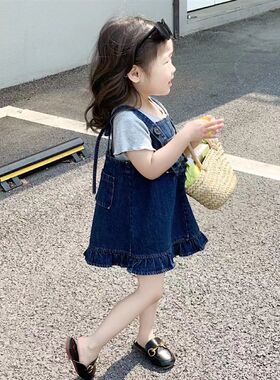 2023夏新款女童洋气超软牛仔背带裙薄时尚荷叶边公主裙纯棉T恤宝
