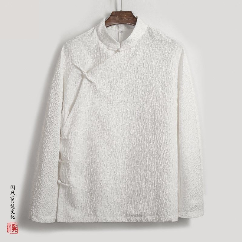 春夏季改良汉服中国风斜襟盘扣唐装冰丝上衣提花褶皱外套男体恤衫