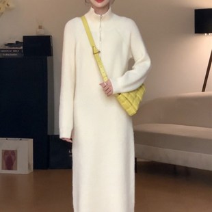 秋冬毛衣长裙韩版宽松内搭针织打底衫立领拉链中长款厚连衣裙
