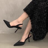 高跟鞋 黑色包头凉鞋 p仙女鞋 法式 2023春夏季 小众高级感尖头气质单